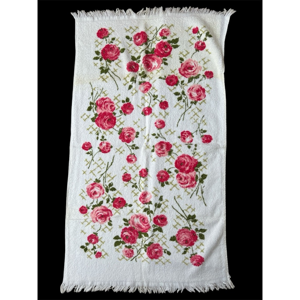 VTG MCM Cannon Pink Green Rose Floral Flower Pattern Graphic Fringe Bath Towel
